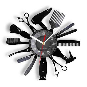 Outils de modélisation coiffeur vinyle disque horloge murale Salon de coiffure barbier œuvre décor montre styliste coiffeur Profession cadeau H1230