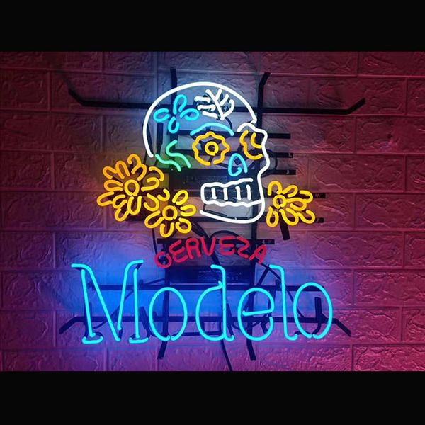 Modelo Skull Logo Neon Sign Light Beer Bar Pub Wall Poster Arte hecho a mano Visual16275l