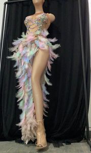 Modellen catwalk jurken kleurrijke kristal pailletten parels veersplaraat lange jurk sexy podium slijtage prom verjaardag vieren zanger dans2887182