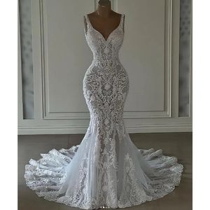 Modern Mermaid Beach Wedding Dresses V-neck Lace Applique Chapel Train Open Back Trumpet Bridal Gown vestidos novia baratos