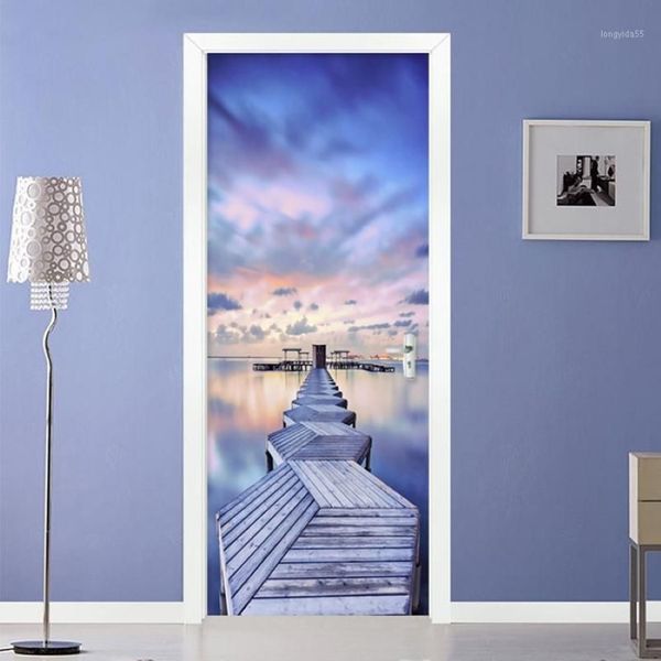 Autocollant de porte pont en bois 3D moderne, vue sur la mer, ciel bleu, salon chambre à coucher, papier peint Mural créatif étanche, 3D1265I