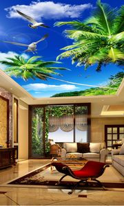 Moderne 3D-foto behang Blue Sky, White Wolken, Coconut Tree, Sunlight Wall Papers Home Interior Decor Woonkamer Plafond Lobby Wallpaper