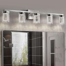 Modernas lámparas de tocador de baño de 5 luces con acentos de cristal, luces LED dimmables en acabado de níquel cepillado para baño, dormitorio, sala de estar