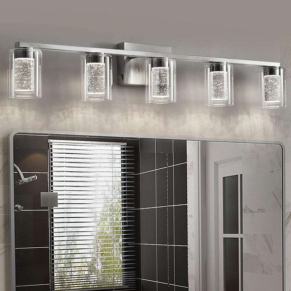 Luminaires de vanité de salle de bain moderne à 5 légers avec accents en cristal, lumières LED dimmables en finition nickel brossée pour salle de bain, chambre, salon