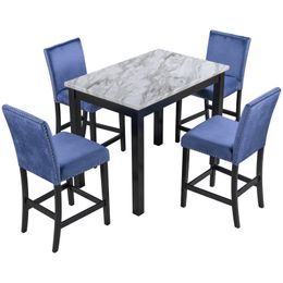 Ensemble de table à manger moderne de comptoir de 5 pièces avec 4 chaises de salle à manger rembourrées, fausse table blanche en marbre + chaises bleues