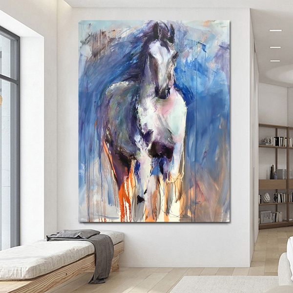 Póster de animales abstractos modernos, cuadro de arte de pared de caballo blanco Vintage sobre lienzo para sala de estar, decoración del hogar, pintura sin marco