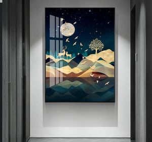 Moderne abstracte kunst nachtlandschap elanden en vogels canvas schilderij kunst aan de muur foto's voor woonkamer interieur geen frame2253037