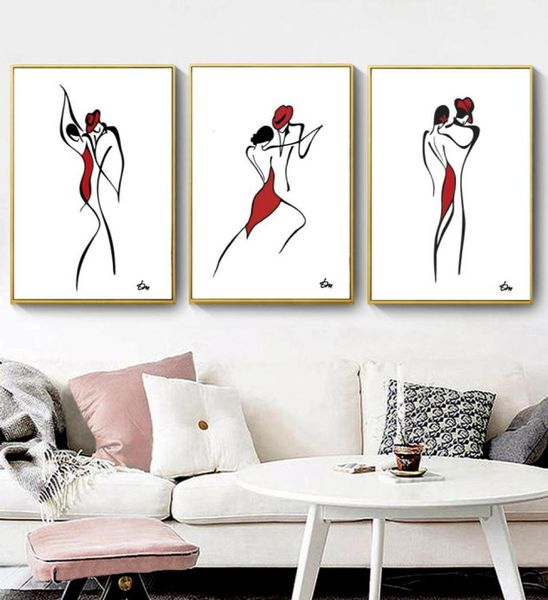 Moderne abstrait danse Couple mur Art toile peinture nordique minimaliste dessin au trait Art peinture noir blanc rouge affiche pour Ho7207889