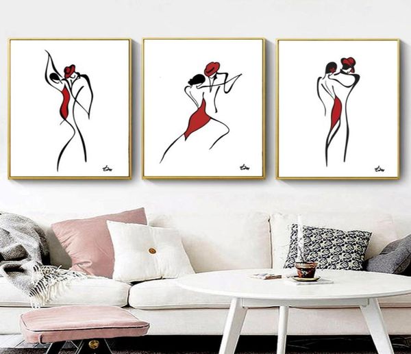 Astratta moderna Danza Coppia Wall Art Tela Pittura Nordic Minimalista Linea Disegno Arte Pittura BlackWhiteRed Poster per Ho4076756