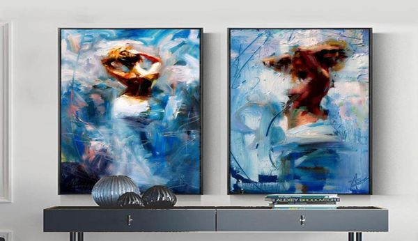 Moderne abstrait danse fille Portrait peinture à l'huile sur toile 2 pièces ensemble grande toile peinture décoration murale pour salon chambre 9558673