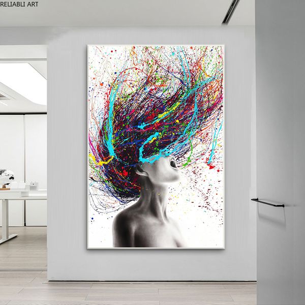 Moderne abstrait mur Art couleur cheveux femme toile peinture Figure affiches et impressions suspendus photos pour salon décor