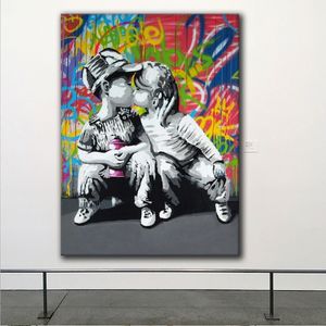 Banksy Abstract Wall Art Graffiti Pop Art Canvas Oil Painting Fashion Boy and Girl Kiss Poster Prints Street Art Picture Foto's voor woonkamer slaapkamer decor