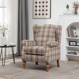 Cadeira de destaque moderna com pernas de madeira retrô, poltrona estofada confortável, cadeira de sofá individual com design Tantan Check para sala de estar, quarto, escritório