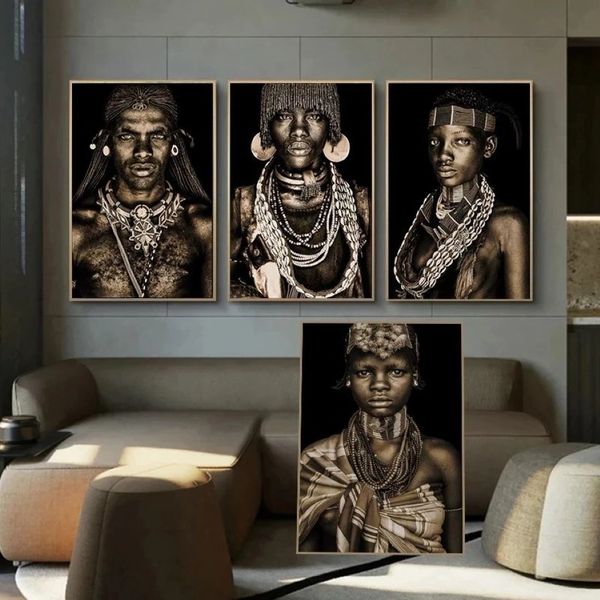 Affiches et imprimés d'art africain Tribal noir, peintures sur toile de femmes, images d'art murales pour décoration de salon, Cuad265b