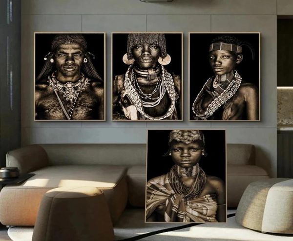 Pósteres e impresiones artísticos de personas negras tribales africanas modernas, pinturas en lienzo de mujer, imágenes artísticas de pared para decoración del hogar para sala de estar Cuad9952003