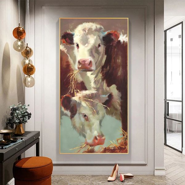 Affiches et imprimés de peinture à l'huile d'animaux modernes, toile d'art mural, images de vache abstraites pour décoration de salon, de maison, sans cadre