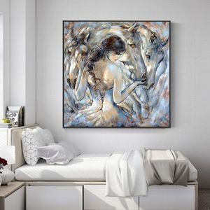 Modern kunst canvas schilderen mooi meisje en wit paard, abstract schilderen muur kunst foto thuis cuadros decor