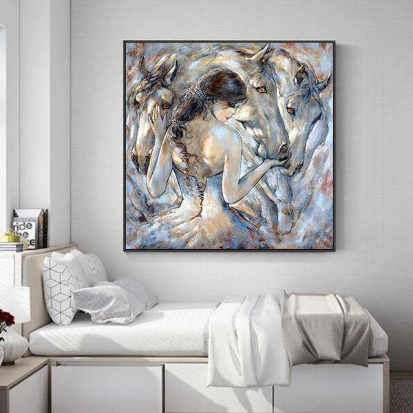 Arte de arte moderno Pintura Hermosa niña y caballo blanco, pintura abstracta Arte de pared Imagen Home Cuadros Decoración