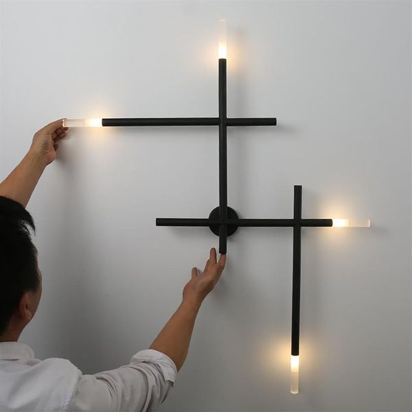 Lámparas de pared en forma de cruz de arte moderno, luz LED de pared Industrial, pasillo, sala de estar, dormitorio, mesita de noche, aplique de pared de hierro negro Gold294Z