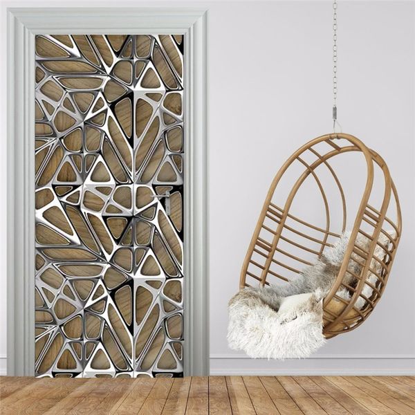 Arte moderno geometría puerta pegatina 3D imitación Metal textura foto papel tapiz sala de estar estudio lujo hogar Decoración 3D pegatinas de pared 210317