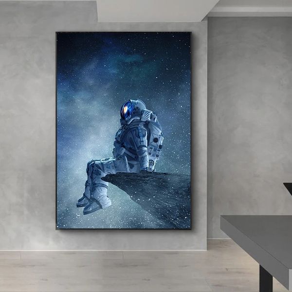 Toile d'astronaute solitaire assis dans l'espace, affiches et imprimés d'art moderne, images d'art murales pour décor de chambre à coucher