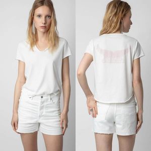 2024 Été Nouveau French Zadigvoltaire Back Rose Wing Button imprimé T-shirt T-shirt pour femmes T-shirt à manches courtes blancs décontractés pour femmes