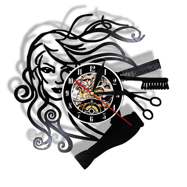 Reloj de pared LED de vinilo con grabación de barbería moderna, colgante, reloj de peluquería, Zegar Scienny para peinado, salón de belleza 210724