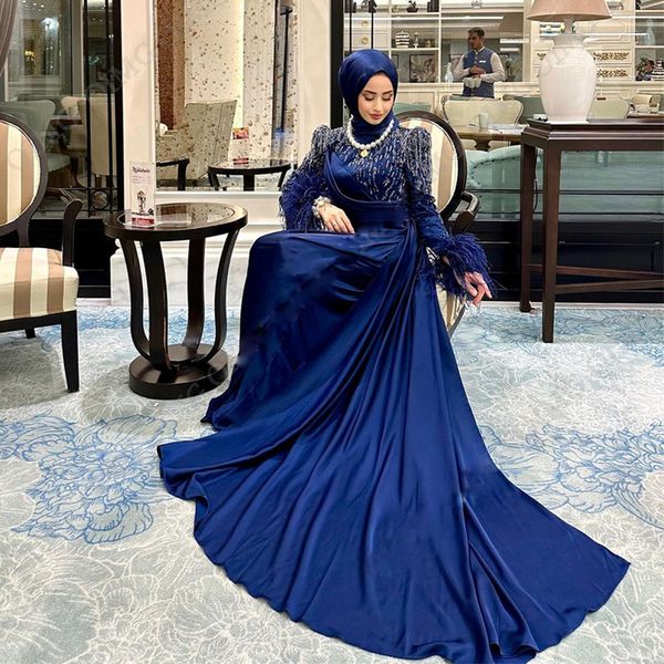 Vestidos de fiesta musulmanes con cuentas modernos, vestido de noche Kafan de sirena con manga de plumas, vestido Formal plisado de satén árabe de Dubai Hijab 326 326