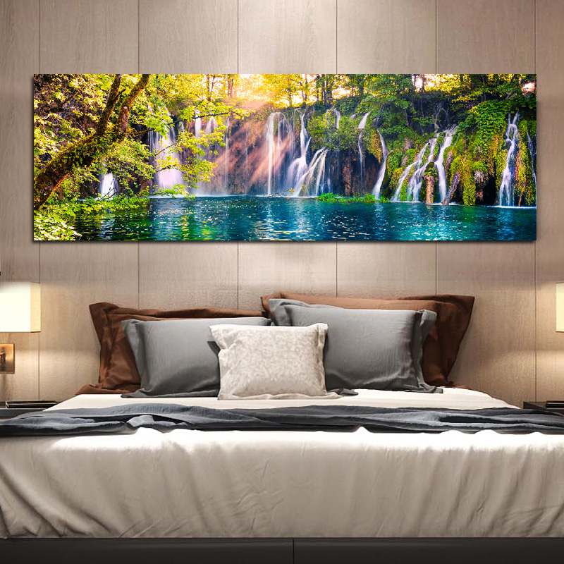 Modern Big Size Landscape Fall Nature Green Tree Canvas Painting Lake Posters and Prints Wall Pictures for Bedroom Home Decor