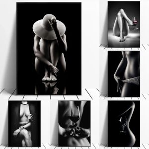 Affiche d'art nude noir et blanc moderne Impression sexy fille en verre à vin Verre mural art art toile chambre chambre de salle de bain décoration de maison