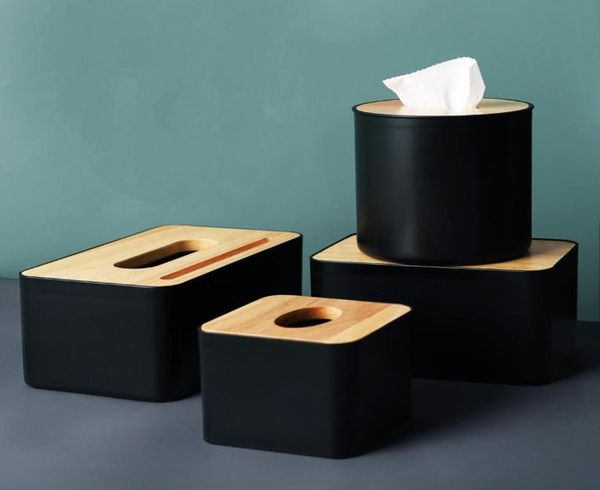 Récipients de tissus de couleur noire moderne avec porte-téléphonie en bois de couverture en bois de type roule