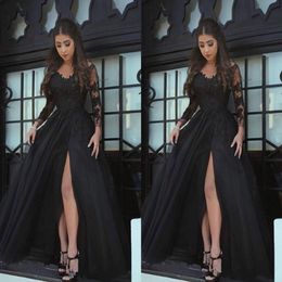 Modern Black Sheer Long Sheeves Plus Size Prom avondjurken Applique Lace High Side Split Custom Made Formal Dress Party Jurken 221p