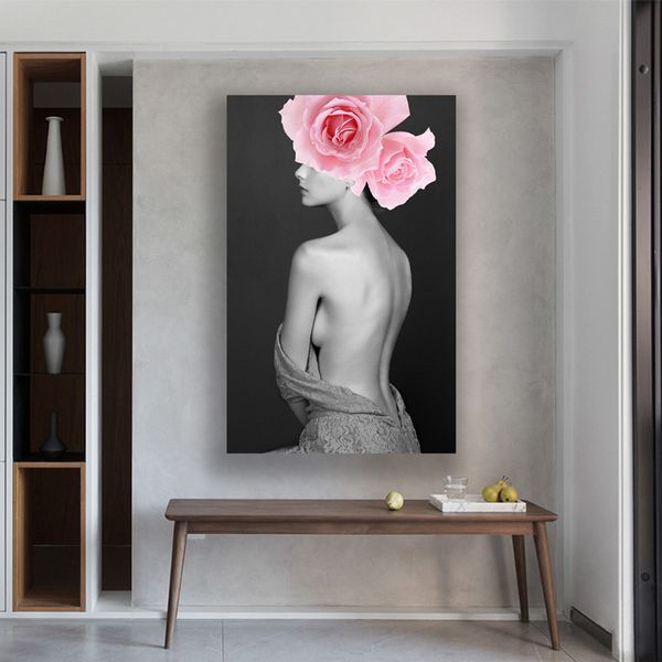 Peinture de Portrait moderne en noir et blanc, femme nue et Sexy, fleurs imprimées sur toile, tableau d'art mural, décor de salle de maison, sans cadre