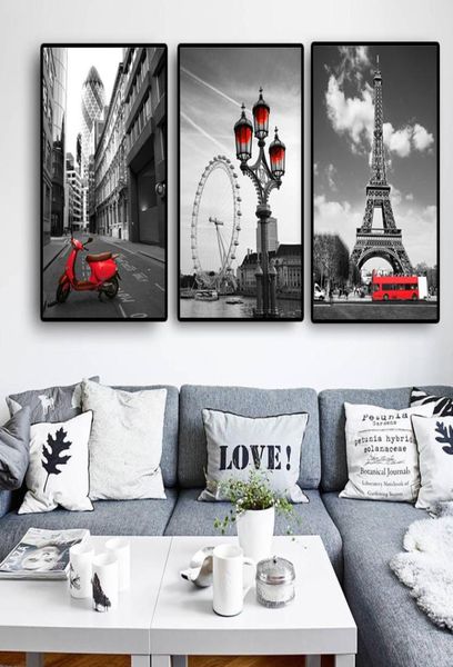 Moderno BlackWhiteRed Canvas Art Print Pintura Torre Eiffel Londres HD Imagen impresa en lienzo Decoración para el hogar Póster de pared 3pcsset1482317