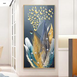 Modern Blue Gold Feather Butterfly Abstract Canvas Painting Wall Art Print en Poster Picture for Living Room Home Decoration Unframed