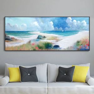 Peinture à l'huile sur toile de mer bleue moderne, peinte à la main, Texture de plage personnalisée, décor mural, ciel bleu et nuages blancs, Art pour décor