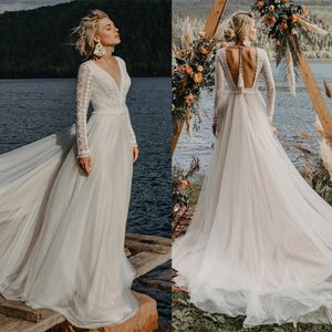 Moderne Boheemse bruiloft Bruidsjurken V Hals met lange mouwen Backless Lace Bruid Jurken op maat gemaakte plus maat