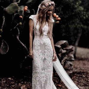 Moderne Boheemse trouwjurken met mouwen HPPIE haak katoen kant boho country mermaid bruids bruidsjurken