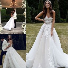 Moderne Boho Princesse Dentelle Robe De Mariée Chérie Décolleté Tulle Appliques Perles Balayage Train Une Ligne Pays Plage Robe De Mariée305v