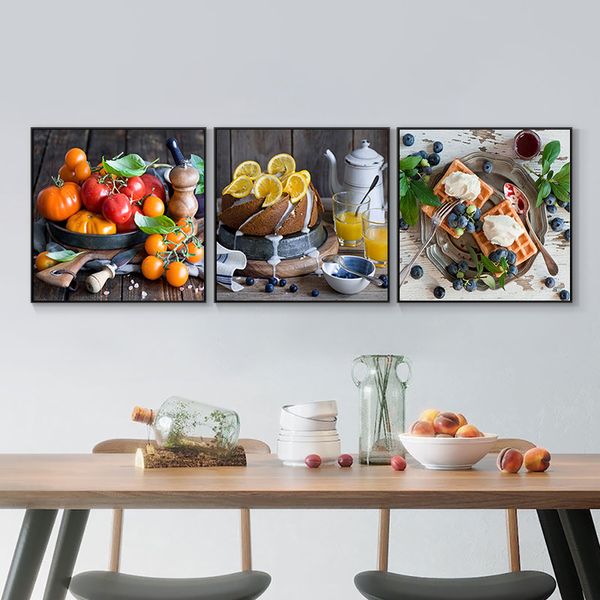 Arte moderno en lienzo, 3 paneles, carteles de alimentos y pasteles de frutas, pintura impresa, cuadros de pared de cocina nórdica para decoración del hogar y comedor