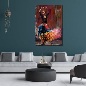 Arte moderno de la lona Chica de baile flamenco Romántico Baile español en pinturas al óleo con textura Lienzo Hermosa decoración para Loft