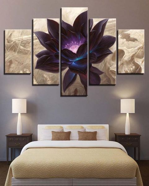 Moderne Toile HD Imprimé Affiche Cadre Bebroom Décor 5 Pièces Noir Lotus Peintures Modulaire Mur Art Abstrait Fleur Pictures3848813