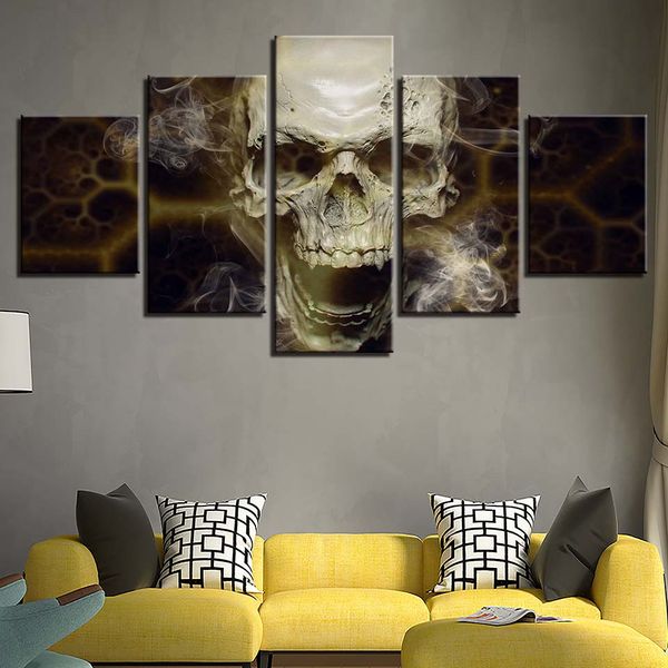 Cuadros de salón en lienzo modernos, pintura de pared, obra de arte, 5 paneles, Calavera fumadora Horrible, póster Modular impreso en HD, decoración del hogar