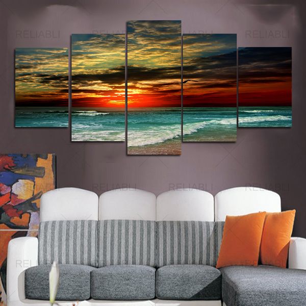 Pintura en lienzo moderna, 5 piezas, océano, paisaje marino, cielo, nubes coloridas, póster, cuadro de pared de paisaje Natural para decoración del hogar del dormitorio