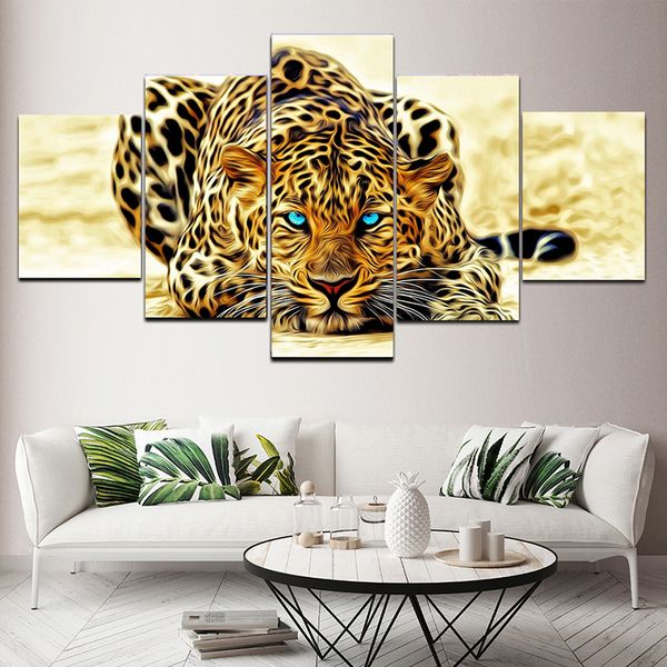 Lienzo moderno pintura Animal leopardo salvaje 5 paneles póster e impresión Cuadros de pared para sala de estar decoración del hogar sin marco Cuadros