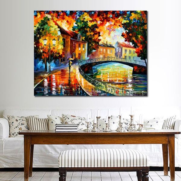 Modern Canvas Painting Landscape Art Old Bridge Dipinto a mano Romantico Artwork Wall Decor