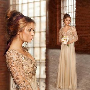 Moderne champagne chiffon A-lijn avondjurken Luxe kralenparels met mouwen Prom Party-jurken V-hals formele jurken