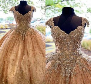 Champagne moderne Quinceanera robes Tulle dentelle perles de cristal chérie Corset dos Bling bal robes de bal doux 16 robe sur mesure 322