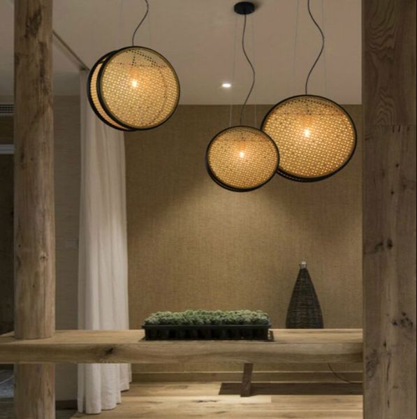 Lustre créatif chinois moderne rétro café lampe décorative chambre chevet rotin tissage japon concepteur Zen tissé e27
