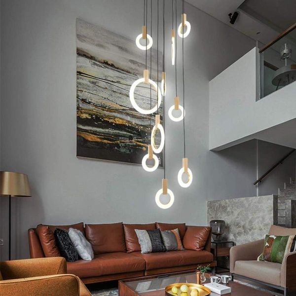 Moderne Circulaire Anneau Pendentif Lumières Pendentif Lumière Anneaux Acrylique Table À Manger Lustre Hauteur Réglable LED Lustre En Bois Escalier Rotatif